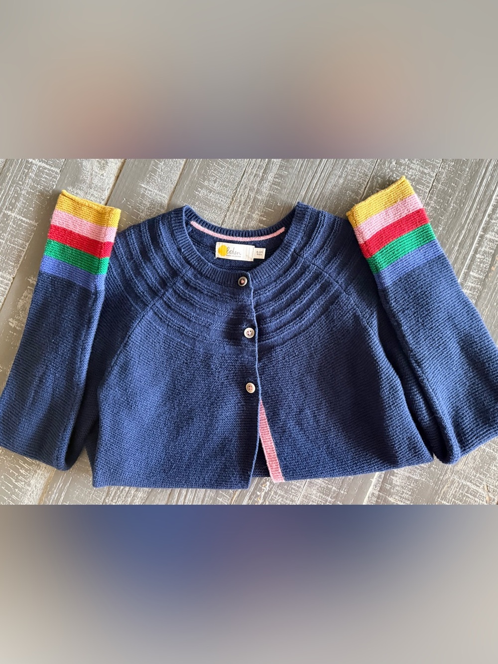 Mini Boden Navy Sweater with Rainbow Stripe Cuffs - Picture 2 of 4